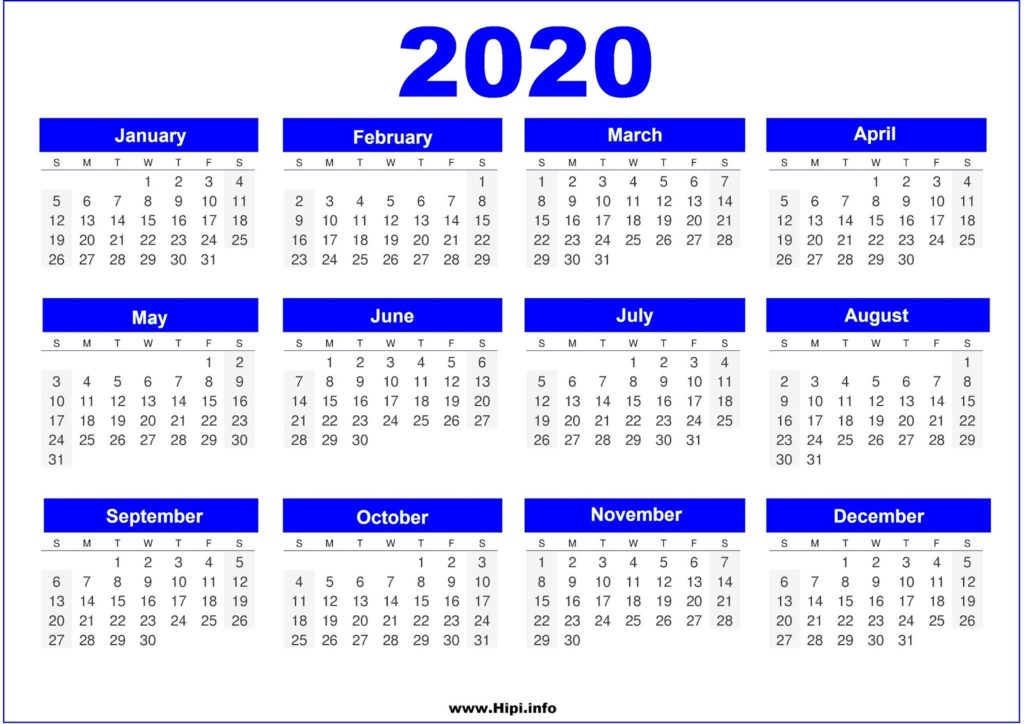 2020 Calendar Printable Free - Free Download - Hipi.info