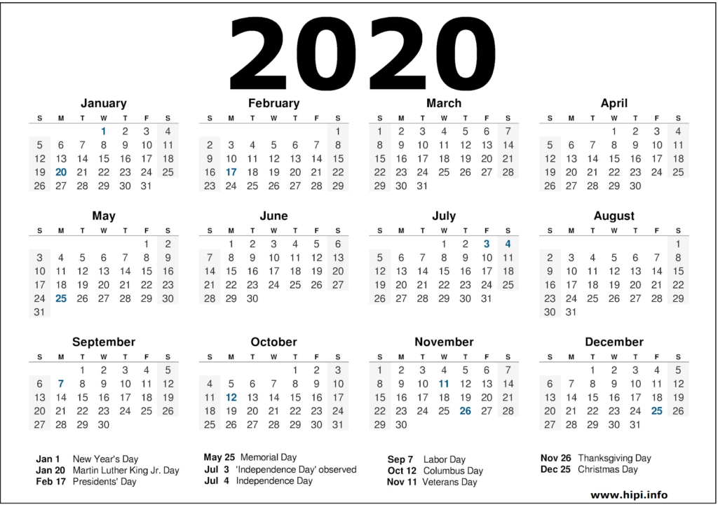 2020 Calendar Printable with Holidays - 2020 Calendar Template - Hipi ...