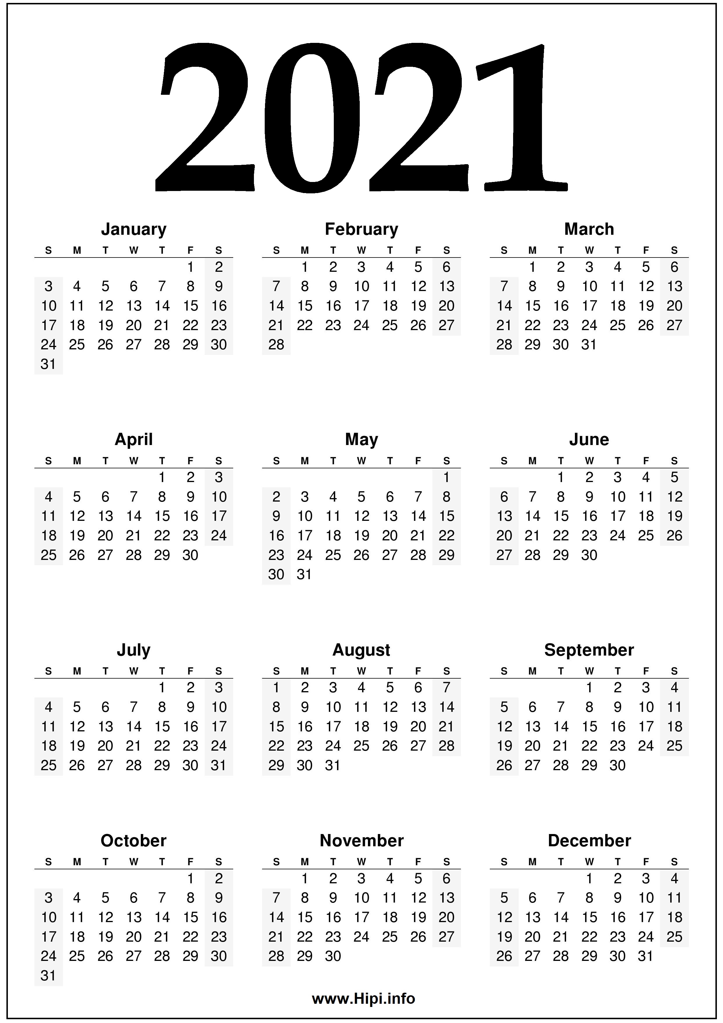 2021 Year 2021 Calendar Printable - Black And White - Hipi.info