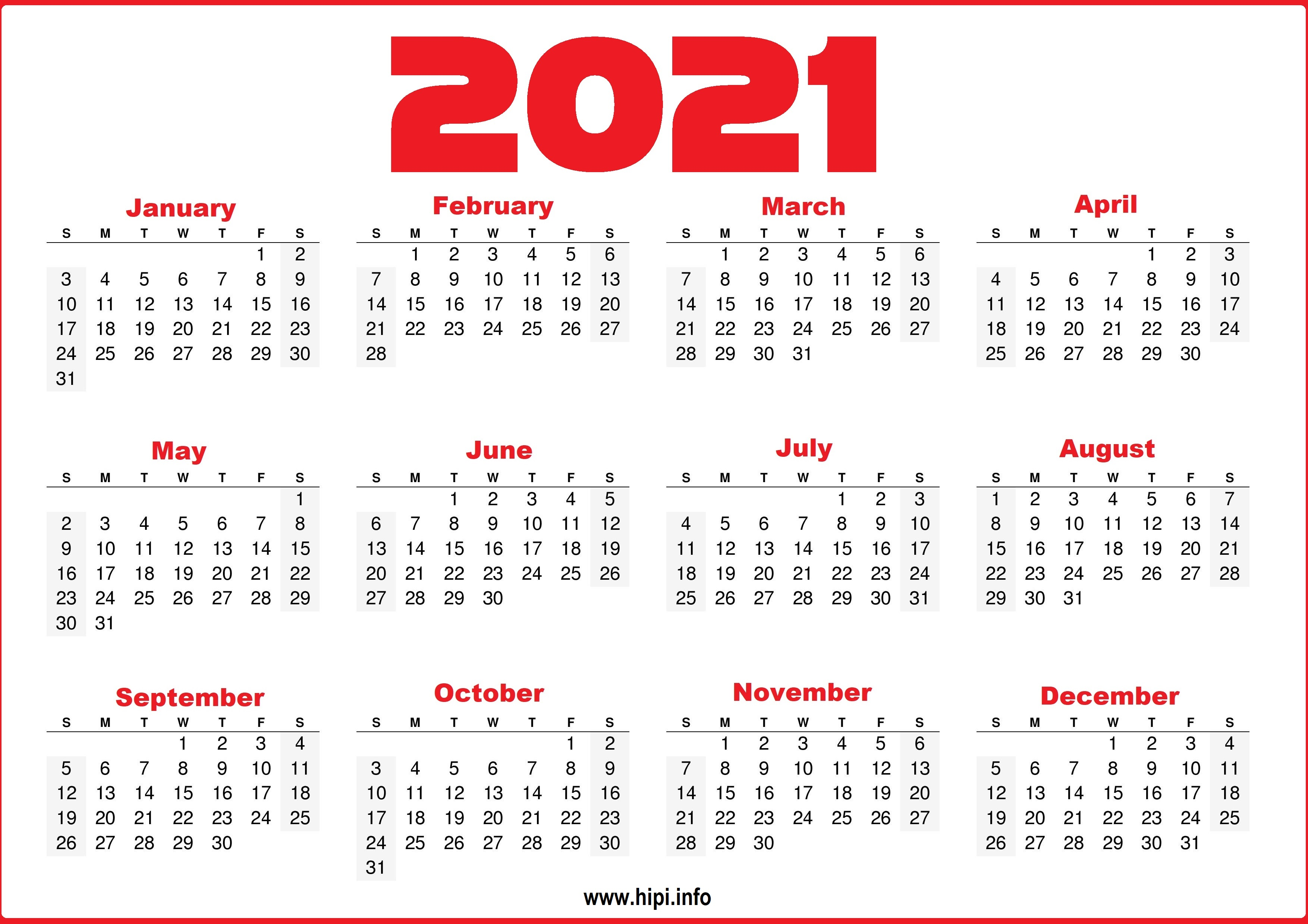 2021 Year Calendar Printable