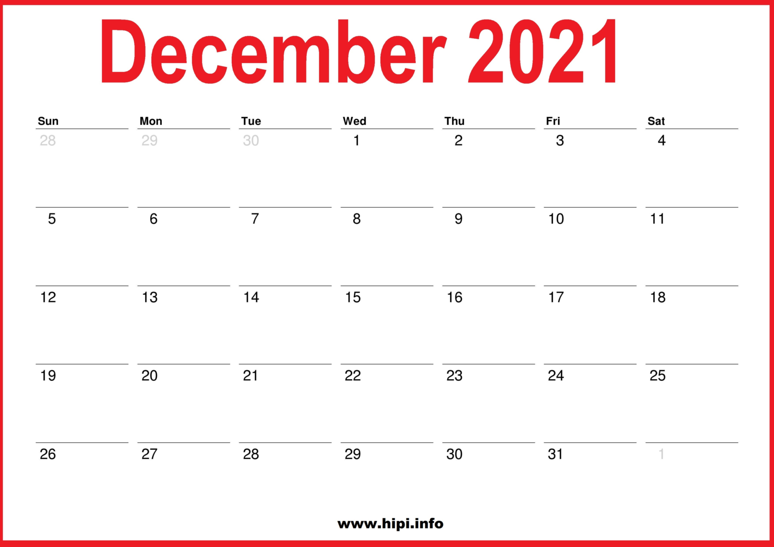 2021 December Calendar Printable Monthly Calendar