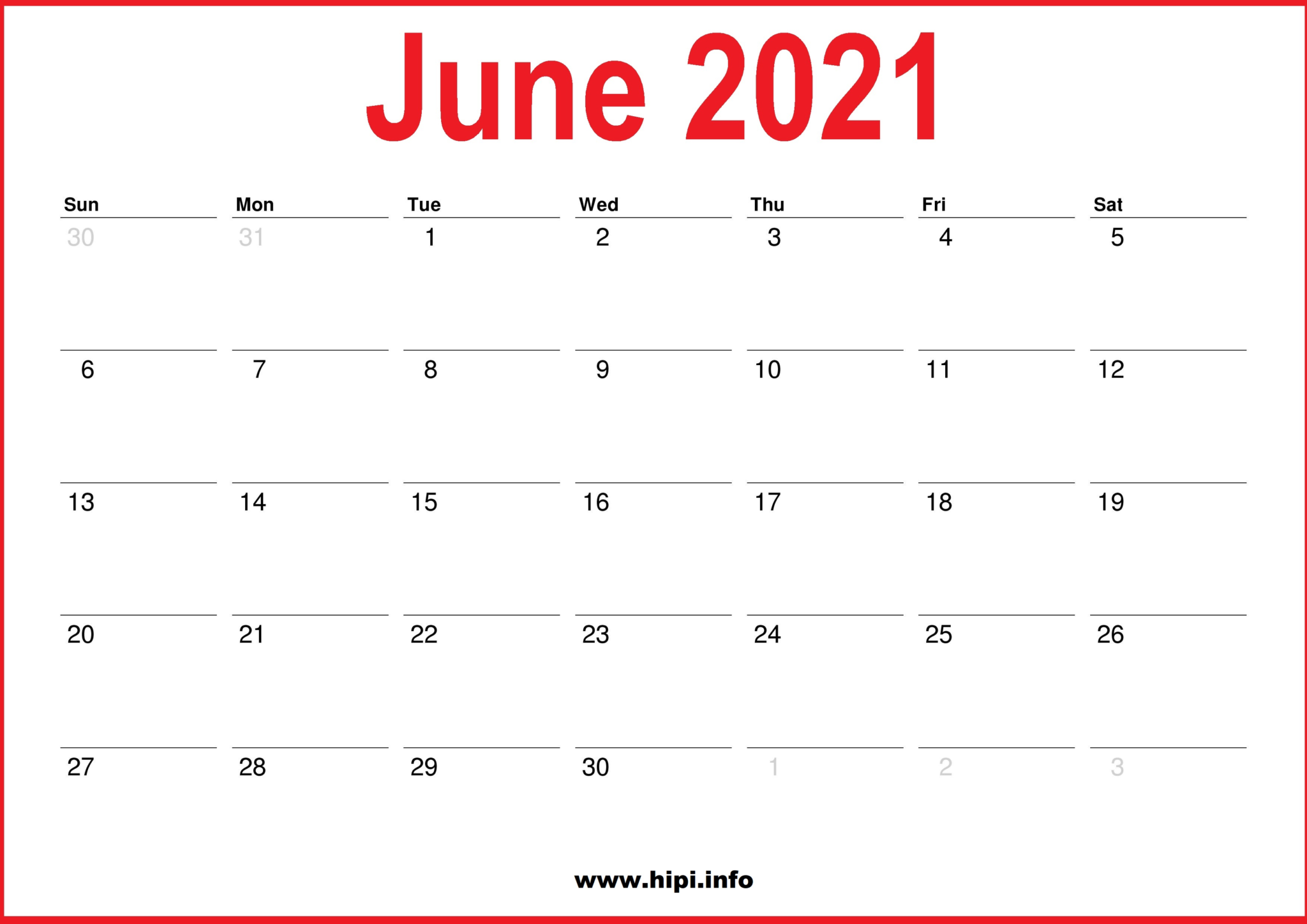 2021 June Calendar Printable Monthly Calendar