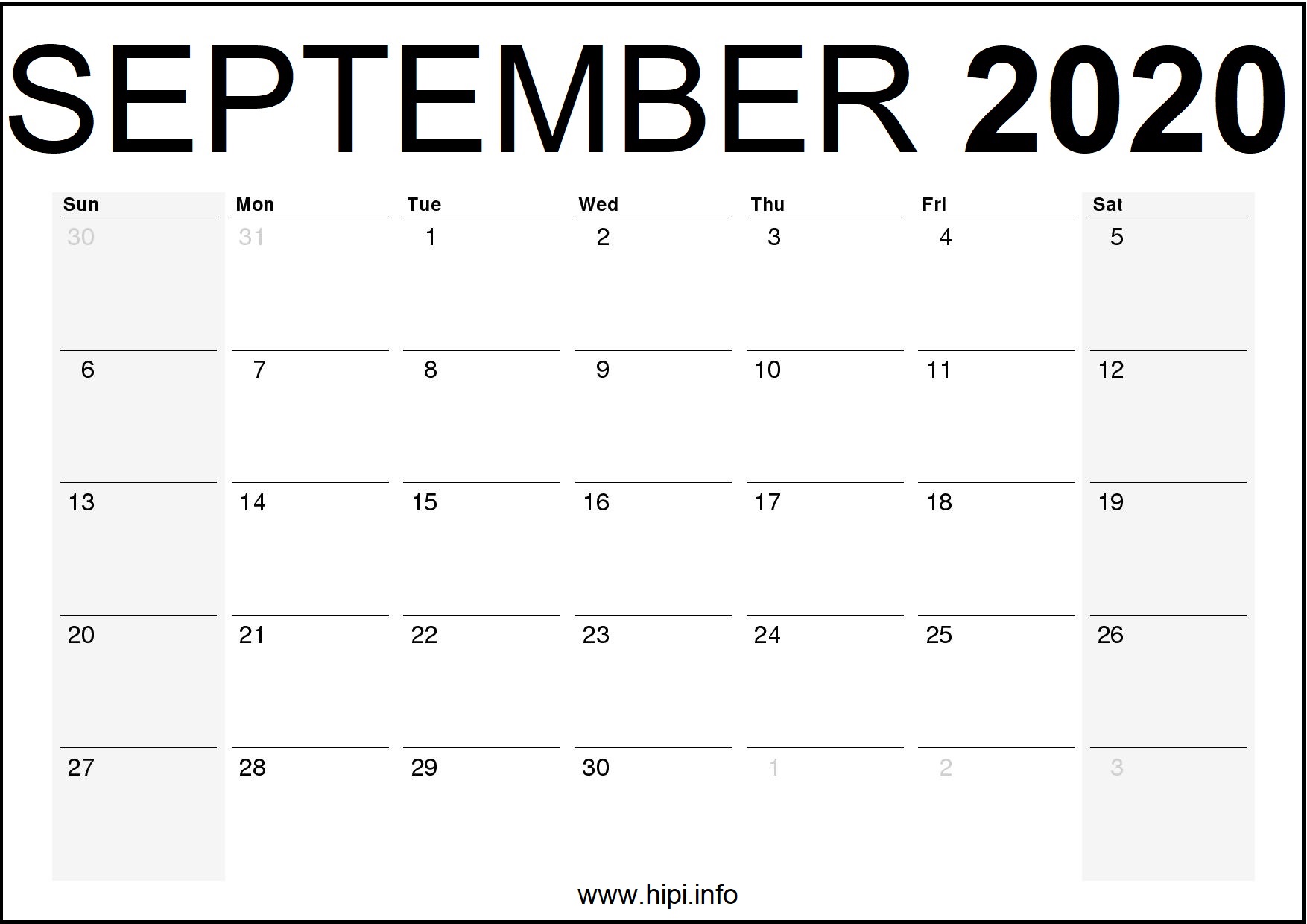 September 2020 Calendar Printable Monthly Free Download