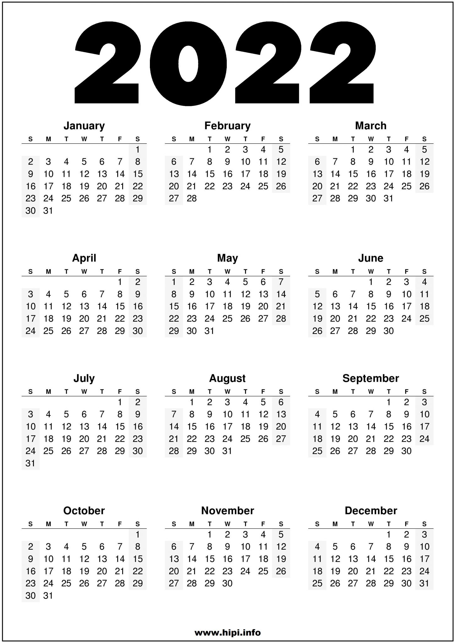 2022 Calendar Printable One Page - Printable World Holiday