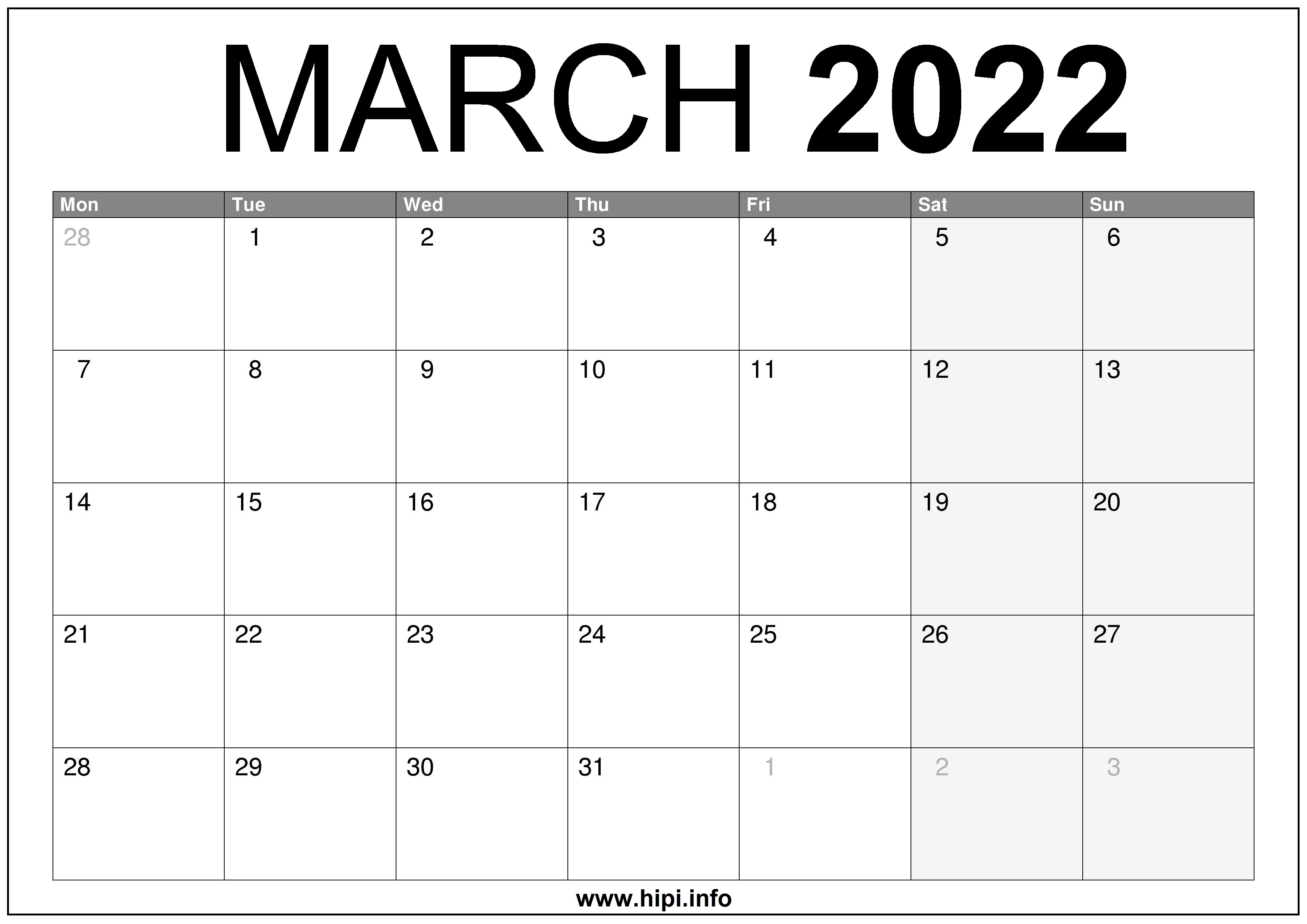 monthly calendar march 2022