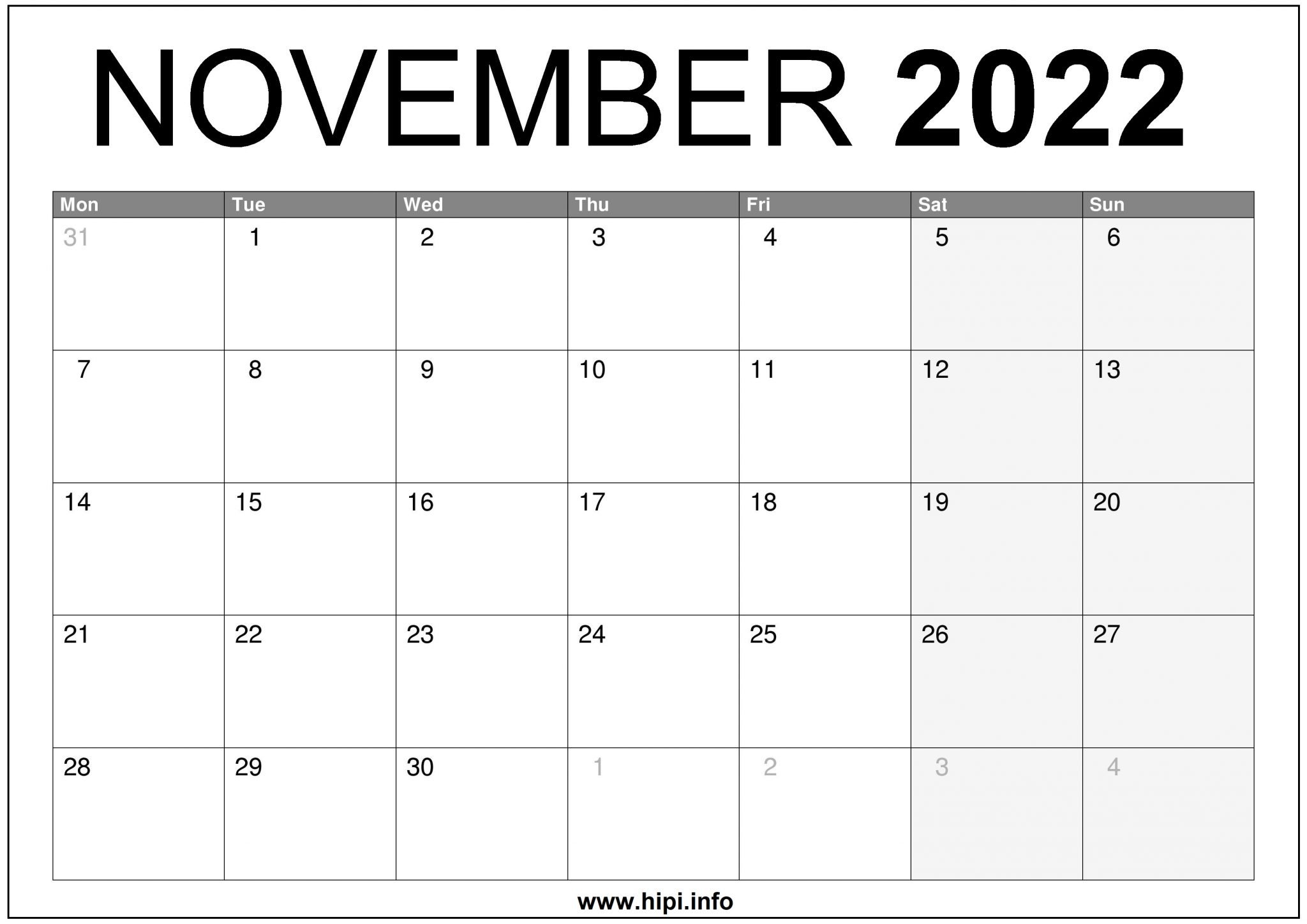 Blank November 2022 Calendar Printable Printable Calendar 2023