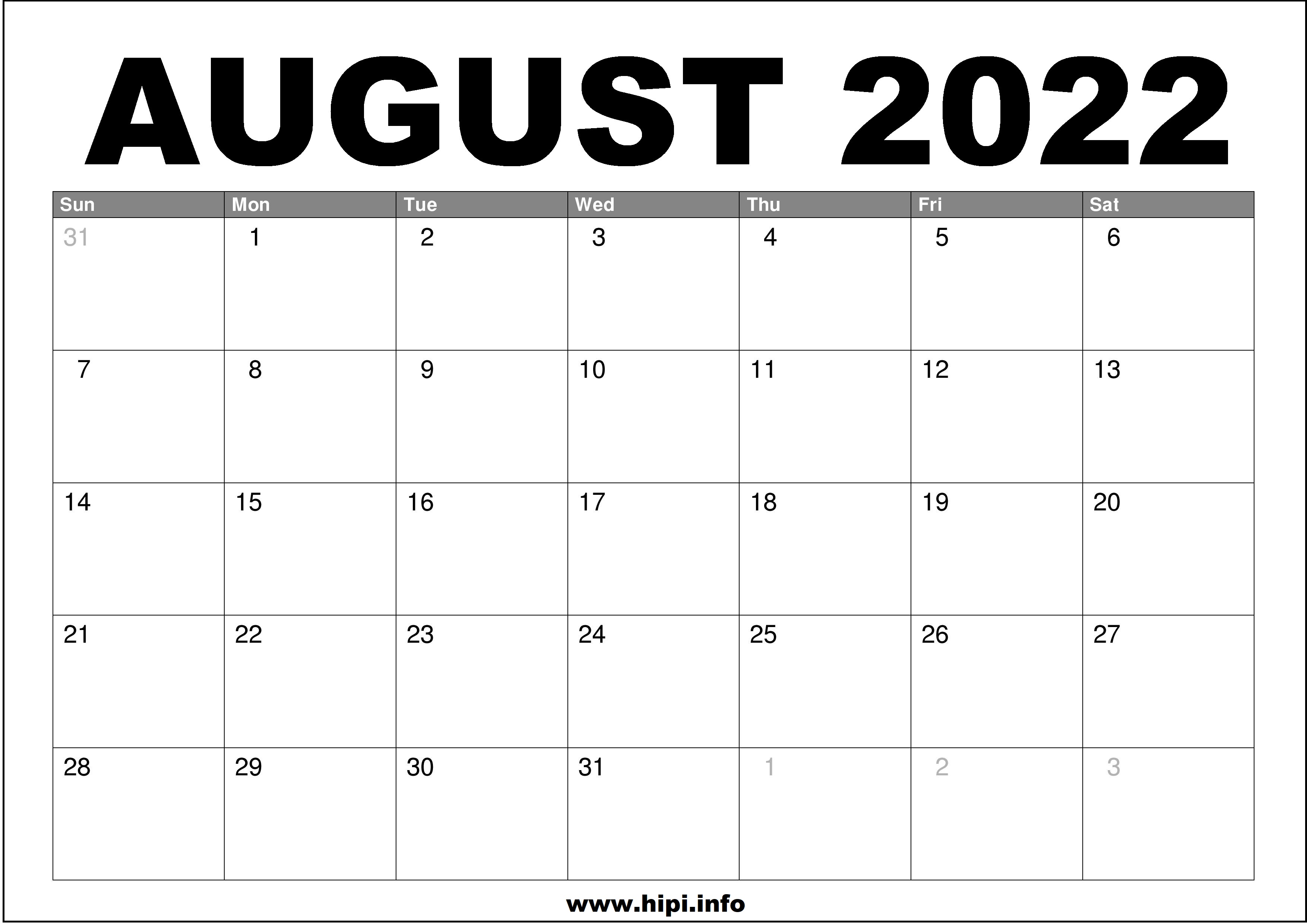 August 2022 Calendar Printable Free - Hipi.info | Calendars Printable Free