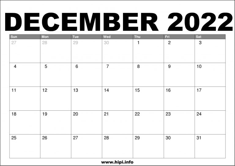 December 2022 Calendar Printable Free Hipi info