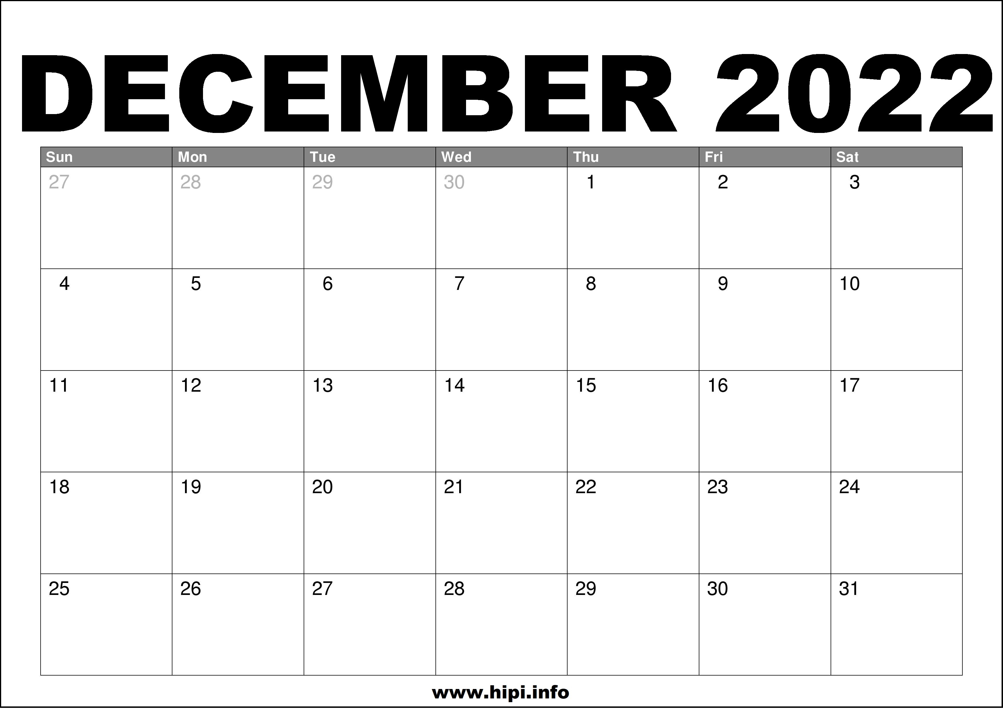 December 2022 Calendar Printable Free Hipi info