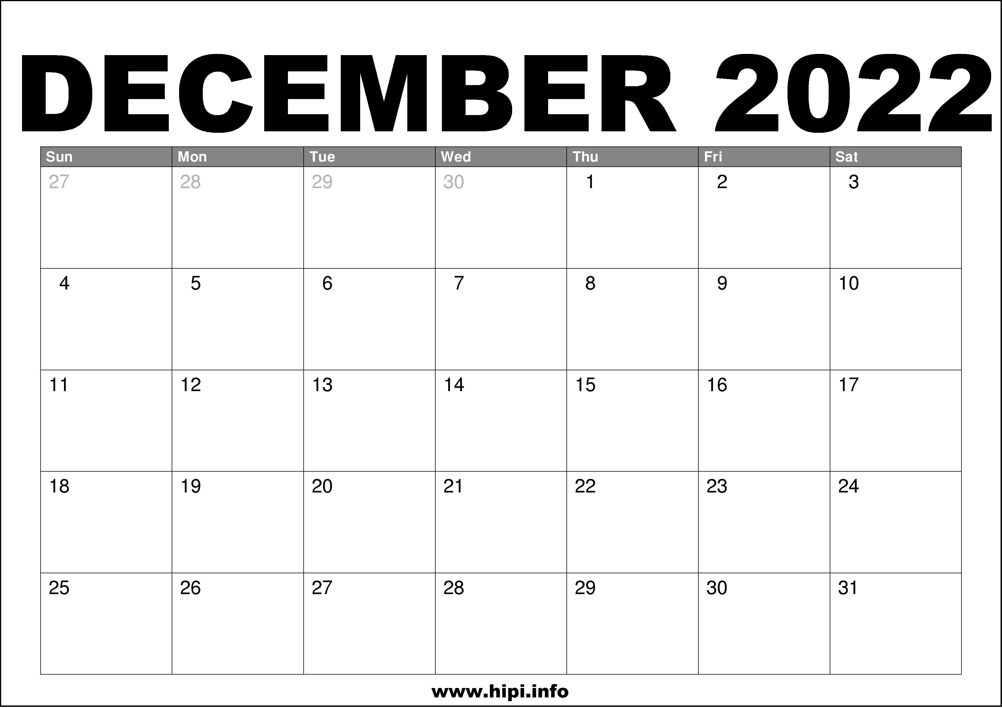 December 2022 Blank Calendar Printable Printable World Holiday