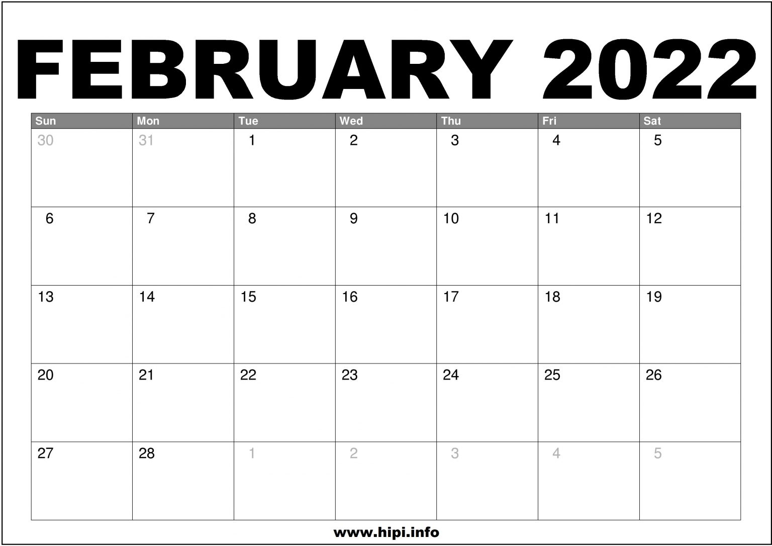 February 2022 Calendar Printable Free Hipi info