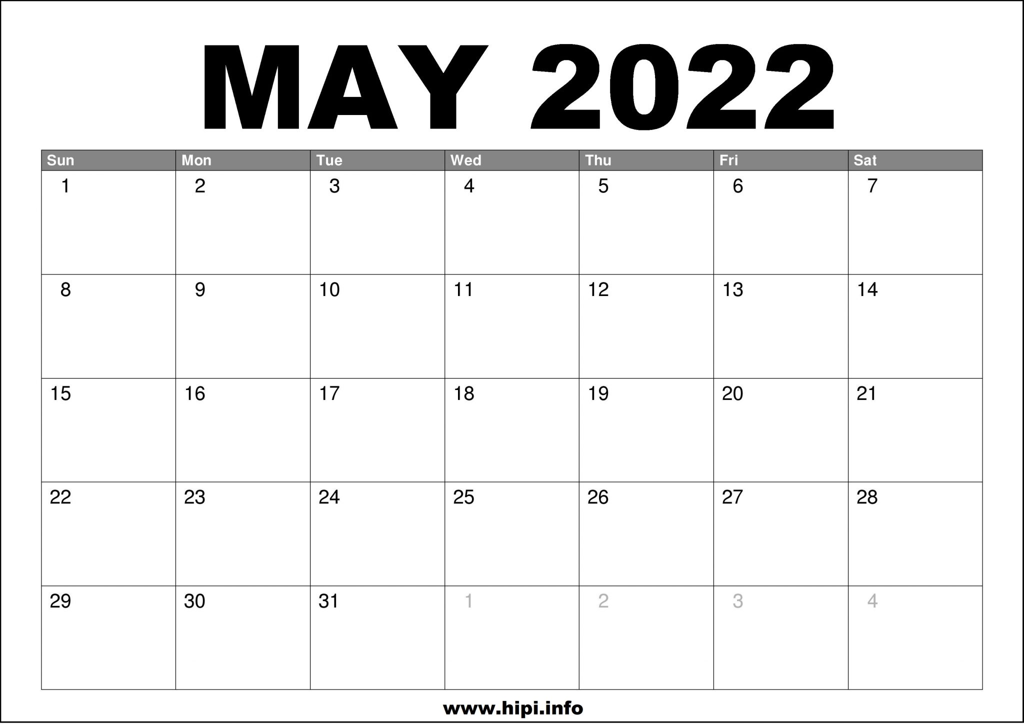 Blank Calendar May 2022 Printable Printable World Holiday