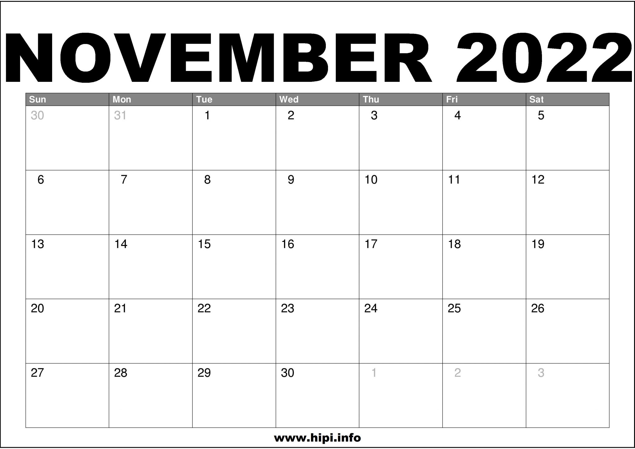 November 2022 Calendar Printable Free Hipi.info