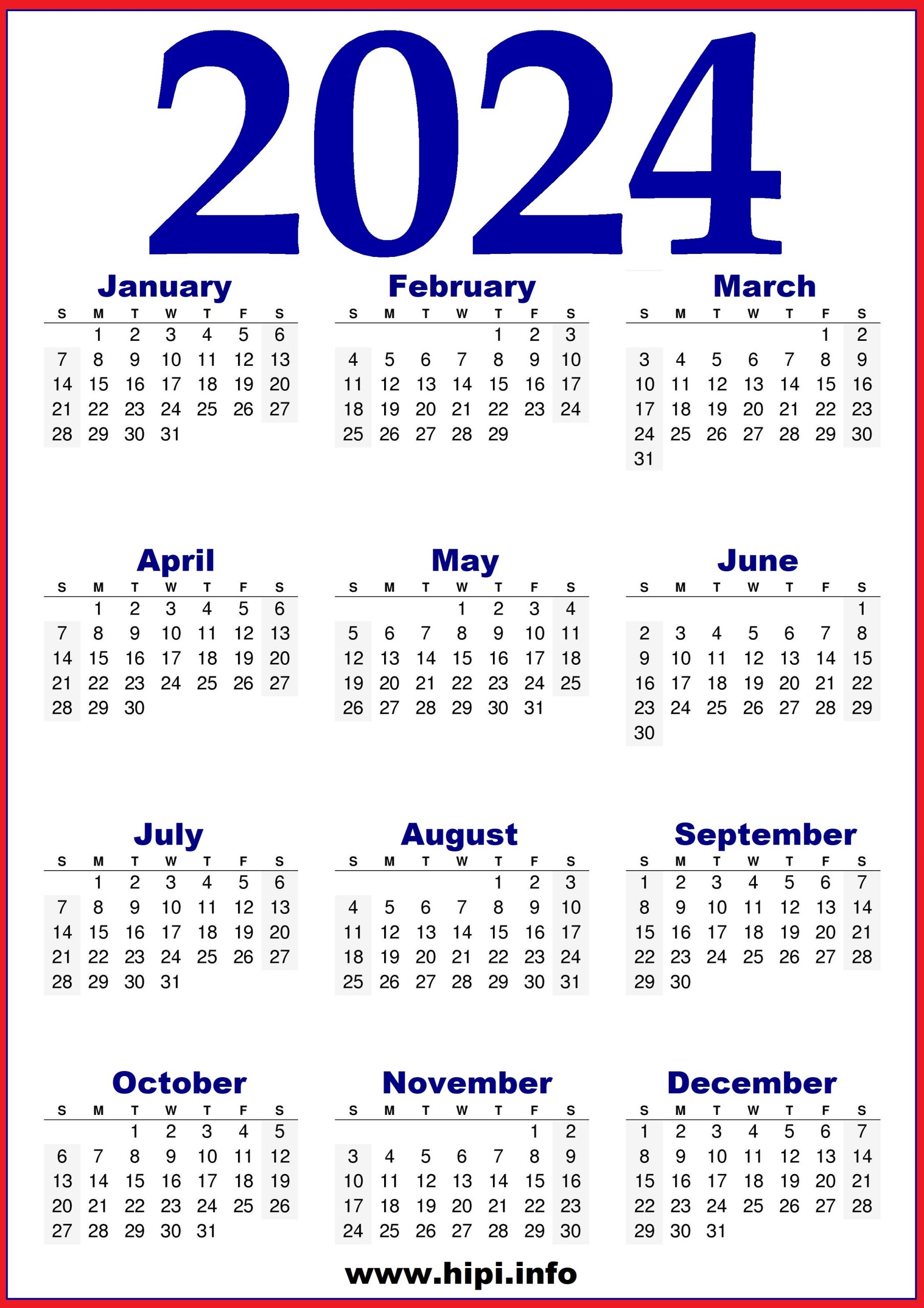 One Page 2024 Printable Calendar Hipi info Calendars Printable Free