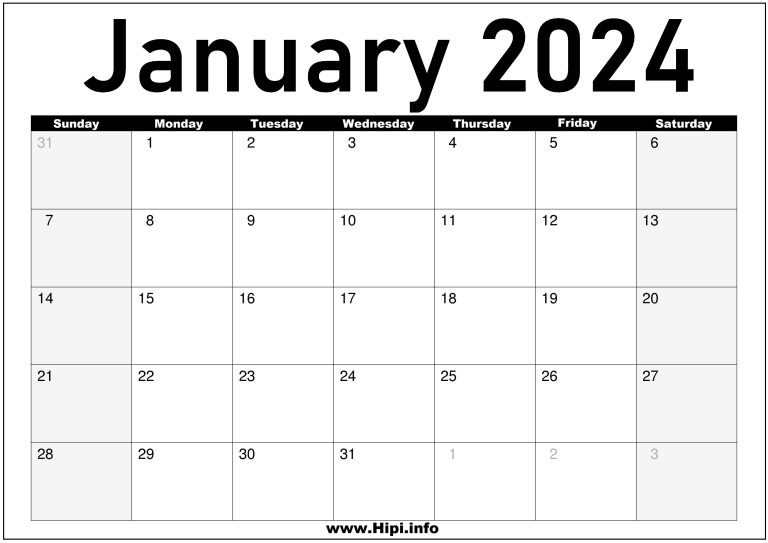 January 2024 Calendar Monthly Hipi.info Calendars Printable Free