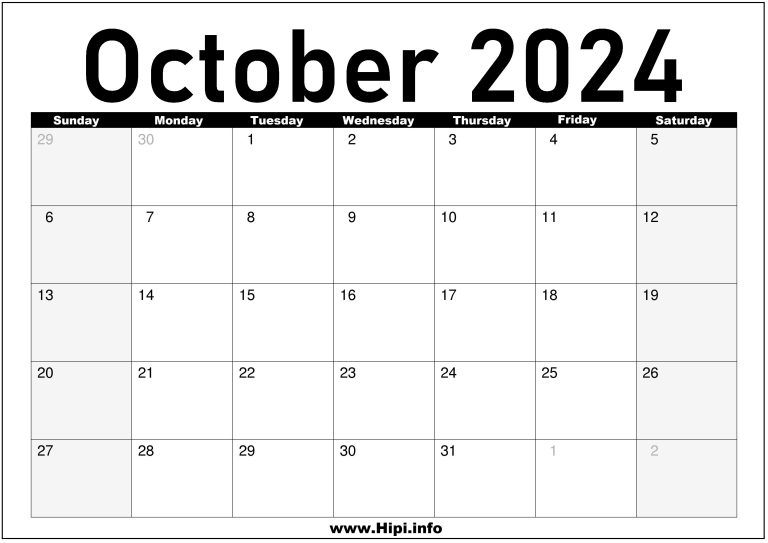 October 2024 Monthly Calendar Hipi.info