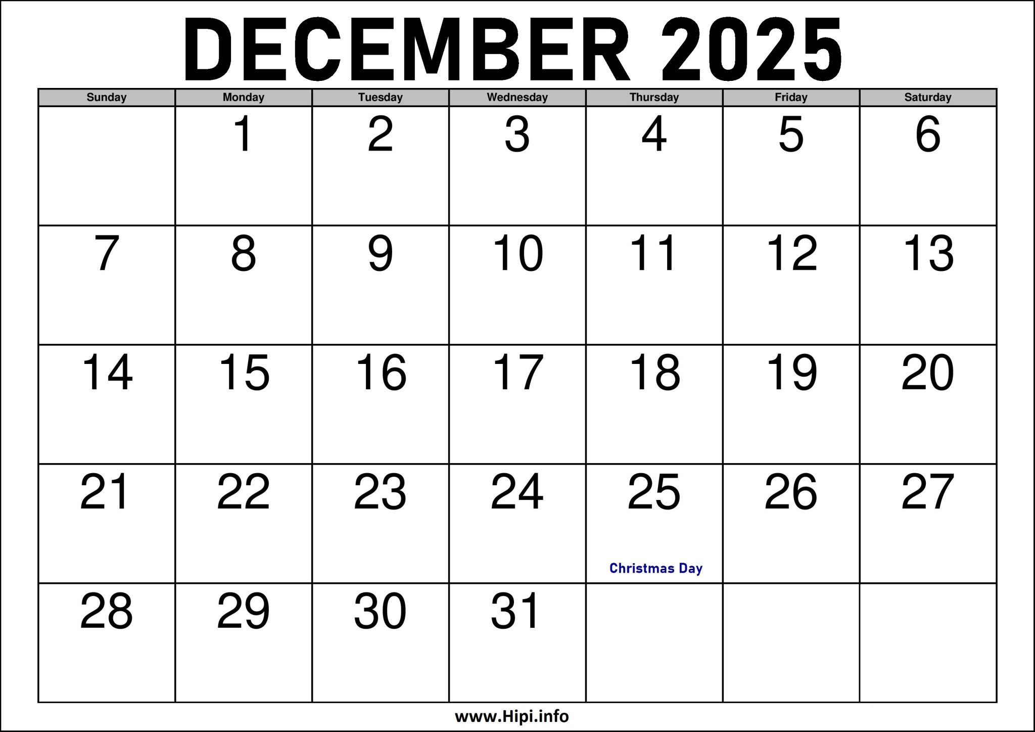 2025 December Calendar Printable with Holidays Hipi.info