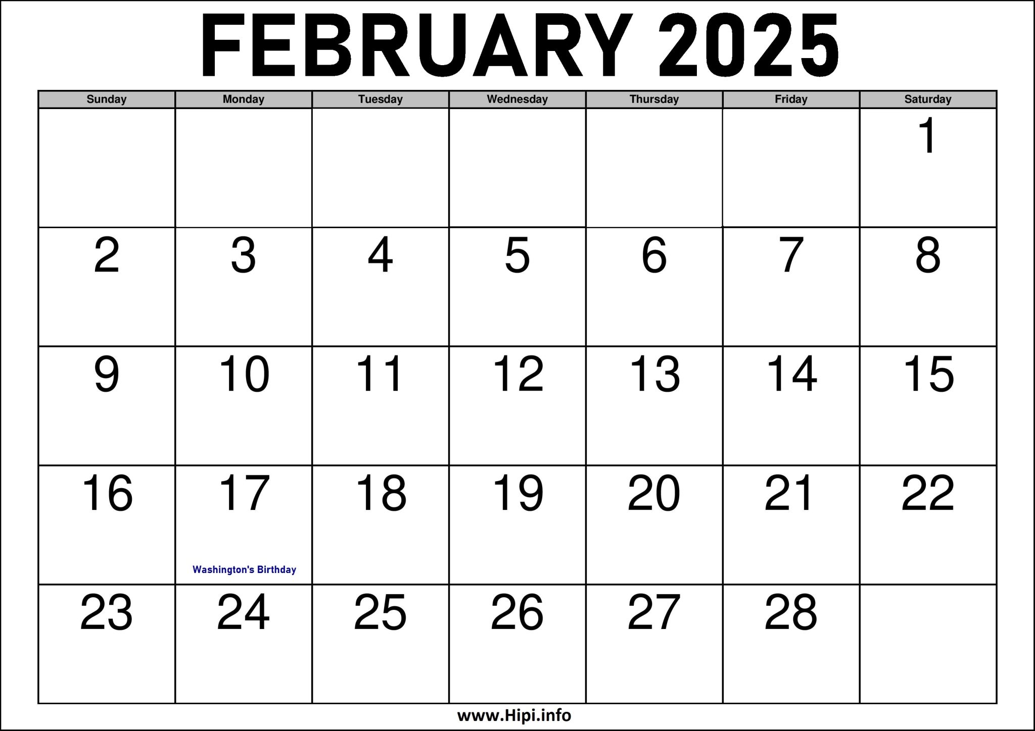 Blank 2025 February Calendar Printable One 