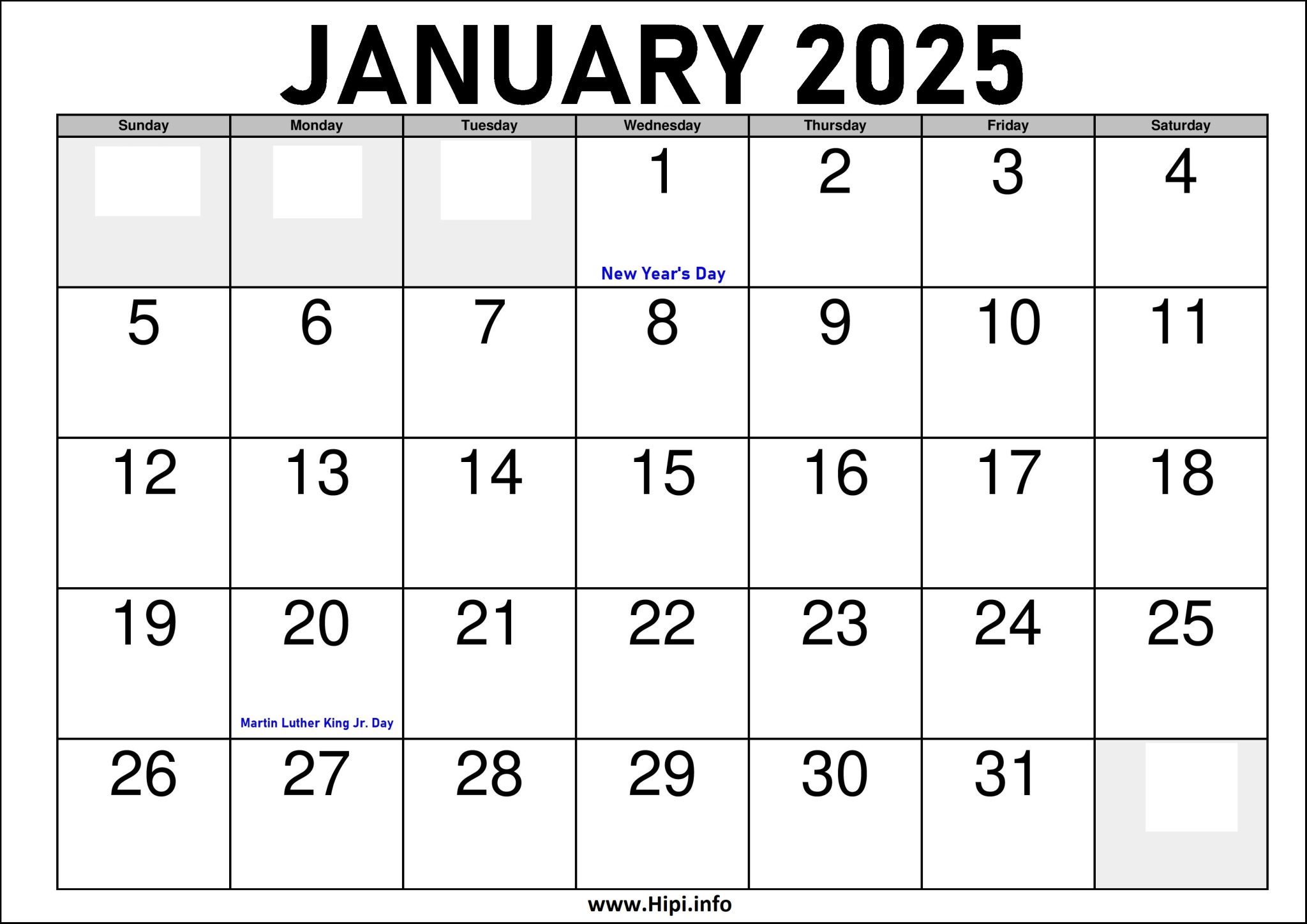 January 2025 Calendar With Government Holidays 