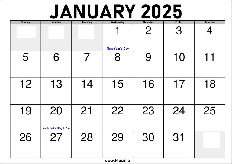 2025 January Calendar Printable with Holidays Hipi.info