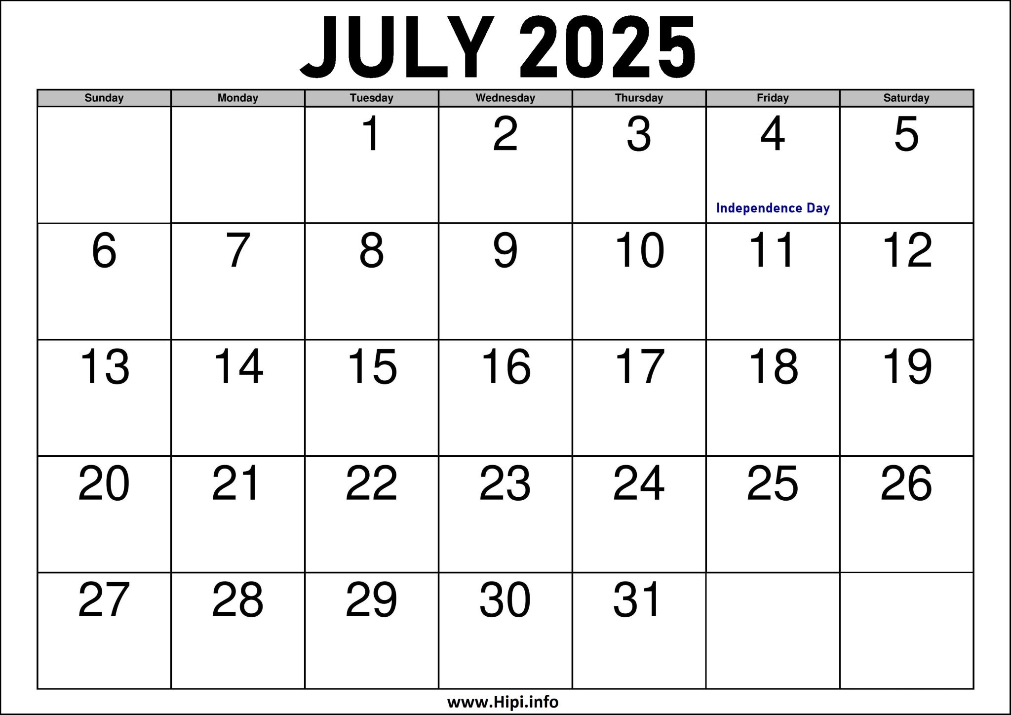 2025 July Calendar Printable with Holidays Hipi.info