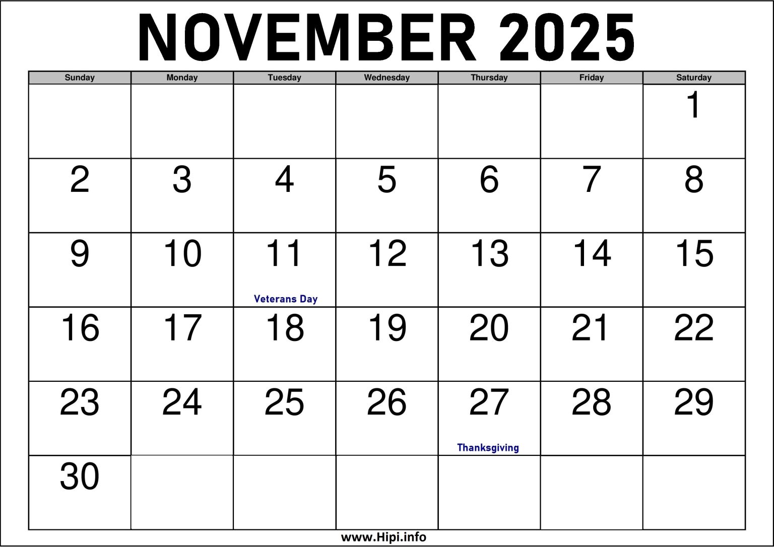 2025 November Calendar Printable with Holidays Hipi.info