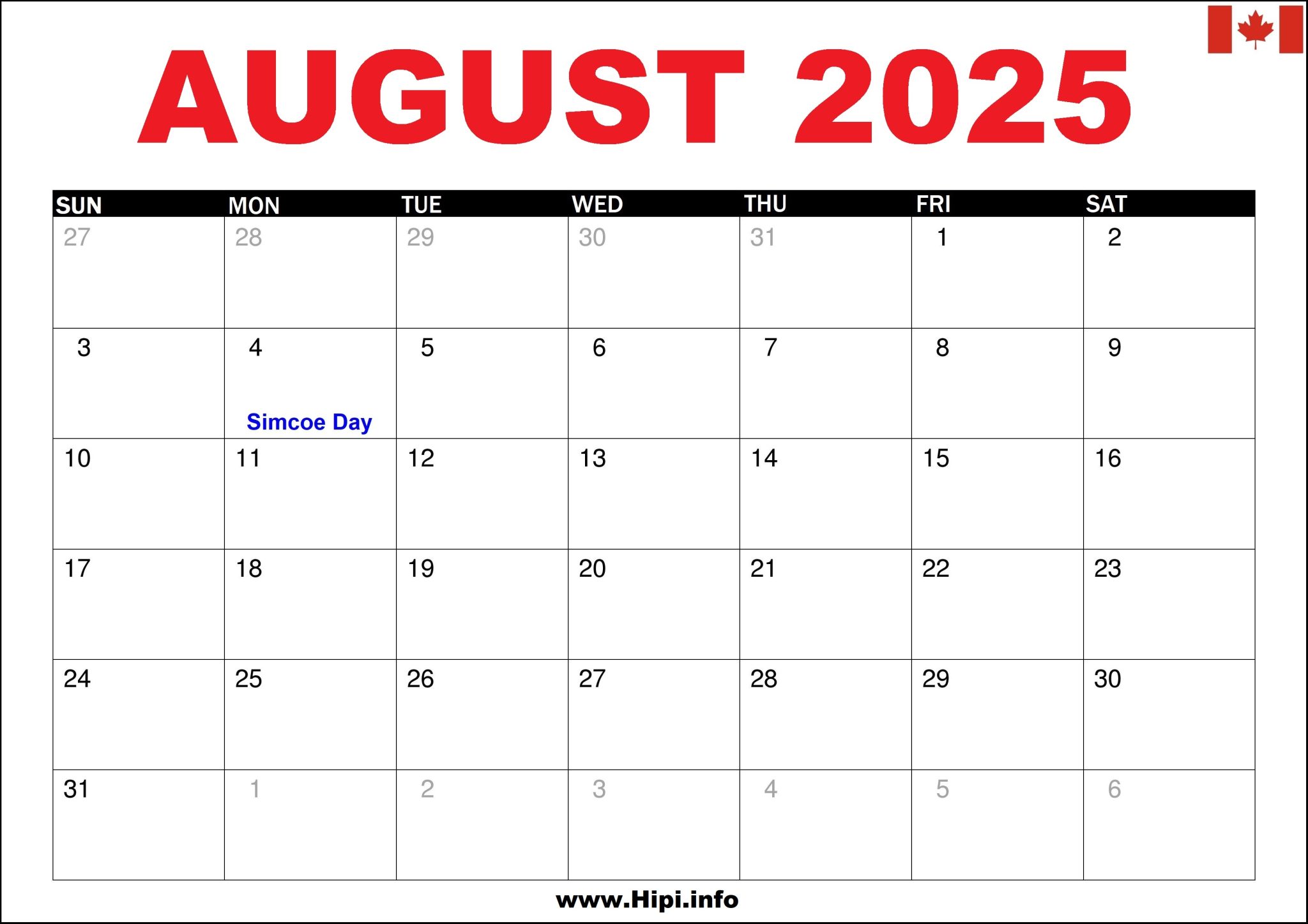 August 2025 Canada Calendar with Holidays Hipi.info