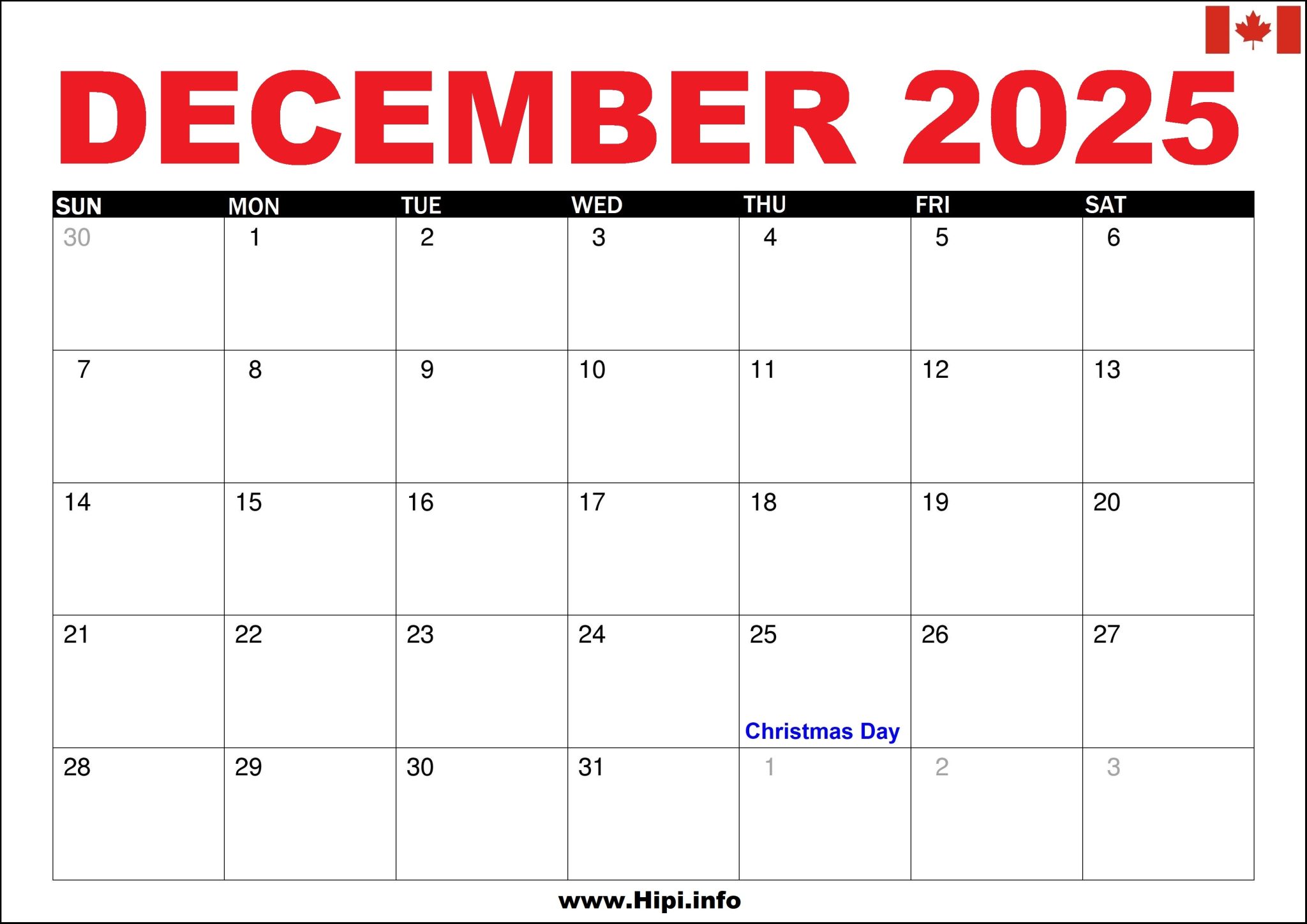 December 2025 Canada Calendar with Holidays Hipi.info