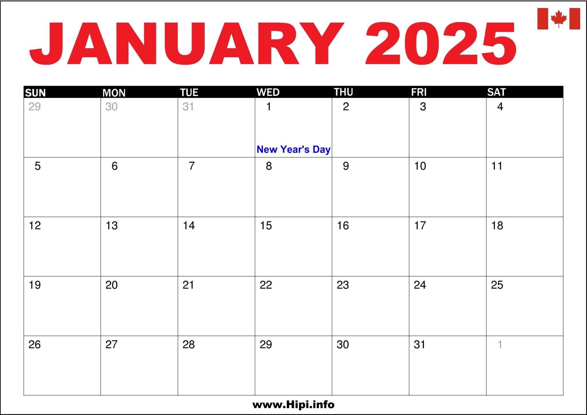 January 2025 Calendar Canada Printable Free Hipi.info