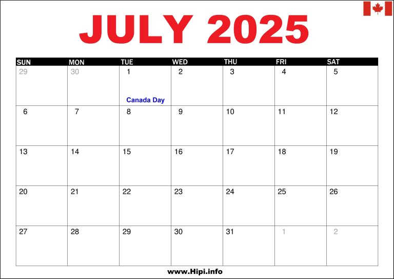 July 2025 Canada Calendar with Holidays - Hipi.info