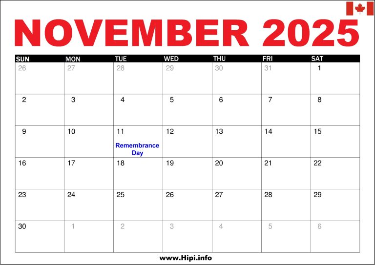 November 2025 Canada Calendar with Holidays Hipi.info