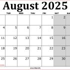 August 2025 Printable Calendar UK