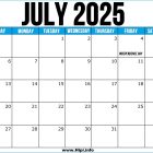 July Printable 2025 Calendar US - A4 Size